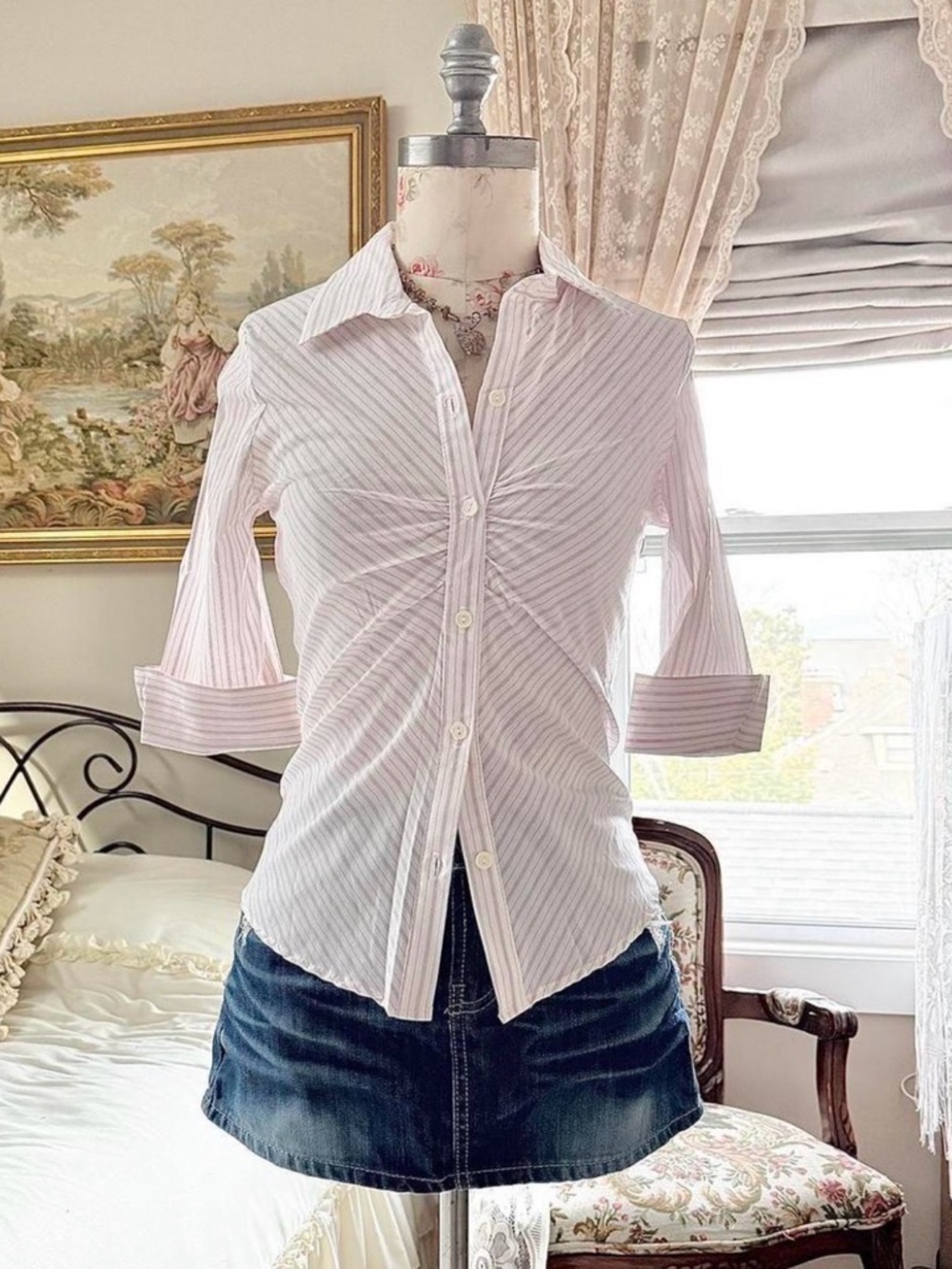 SOLD!! Women's Pink Striped Ruched Button-Down Blouse